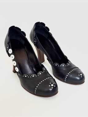 Vintage John Galliano Black Leather Scalloped Heels with Button Accents - Italy
